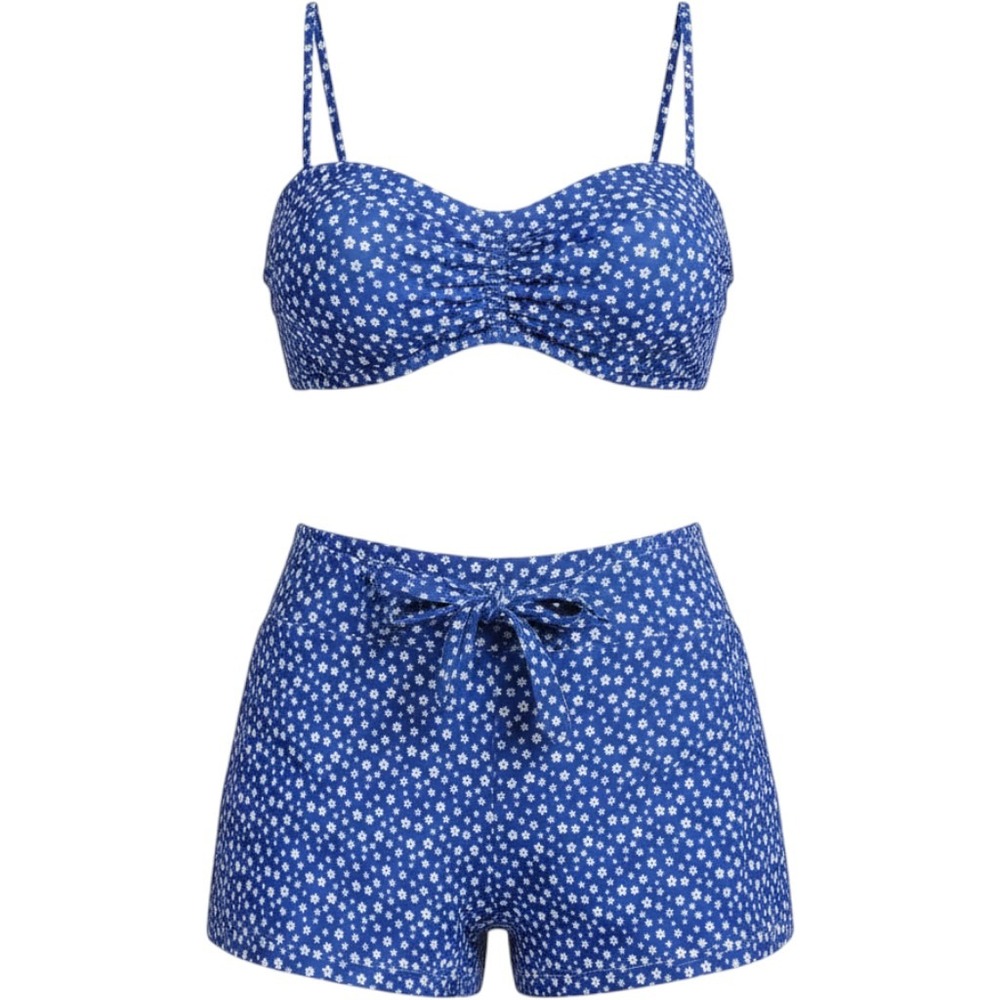 Blue Ditsy Floral Ruched Bikini Set Two Piece Swimsuit Medium Removeable cups